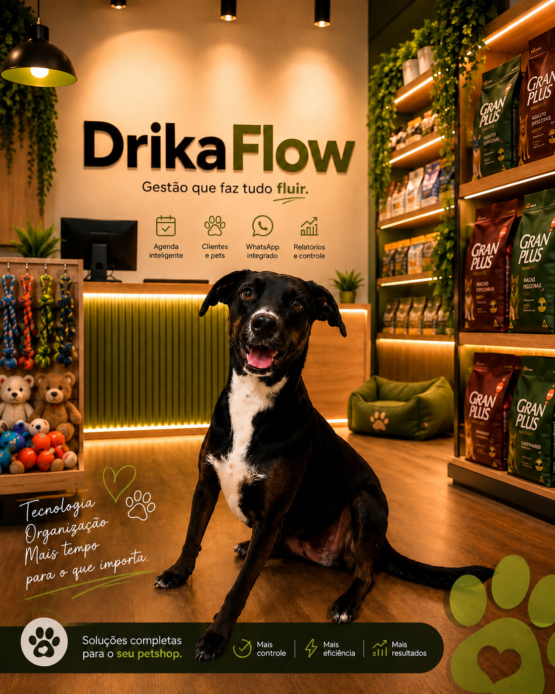 Drika, a cachorrinha mascote, na loja DrikaFlow